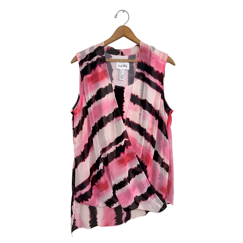Joseph Ribkoff Pink Black Abstract Stripe Faux‎ Wrap Sleeveless Blouse Top 14